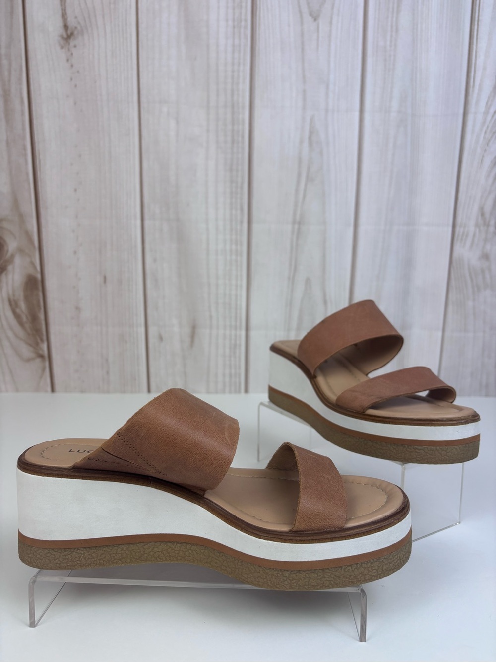 Lucky Brand Leather Platform Slide Sandals Double Strap Wedge Shoes Brown Size 7 - Picture 2 of 16